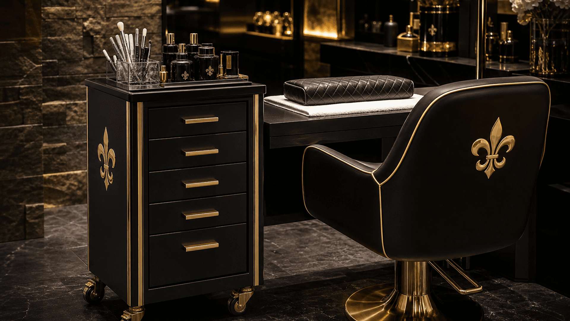 Black and gold rolling salon trolley with drawers beside a manicure chair — Lou Essentials station