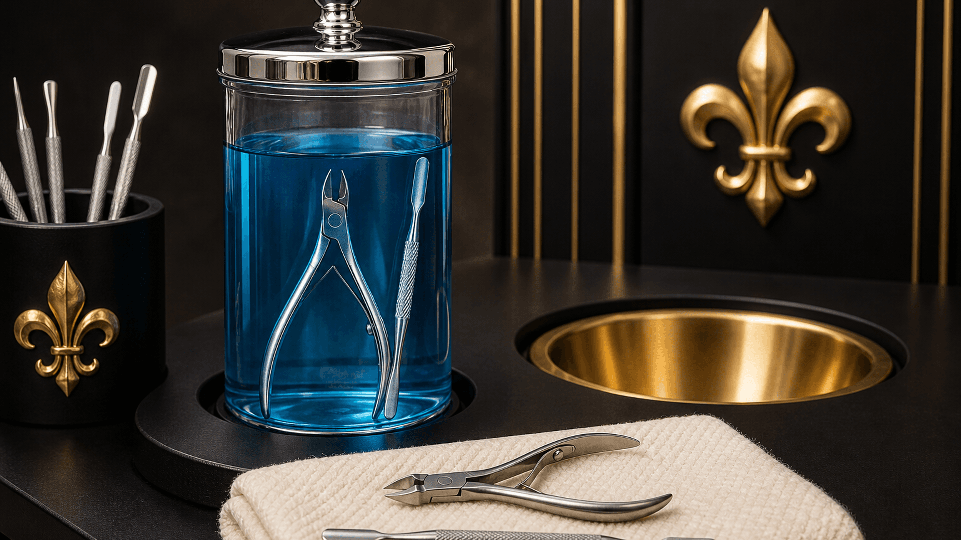 BARBICIDE disinfectant jar with clean nail implements on a matte black station — Lou Essentials