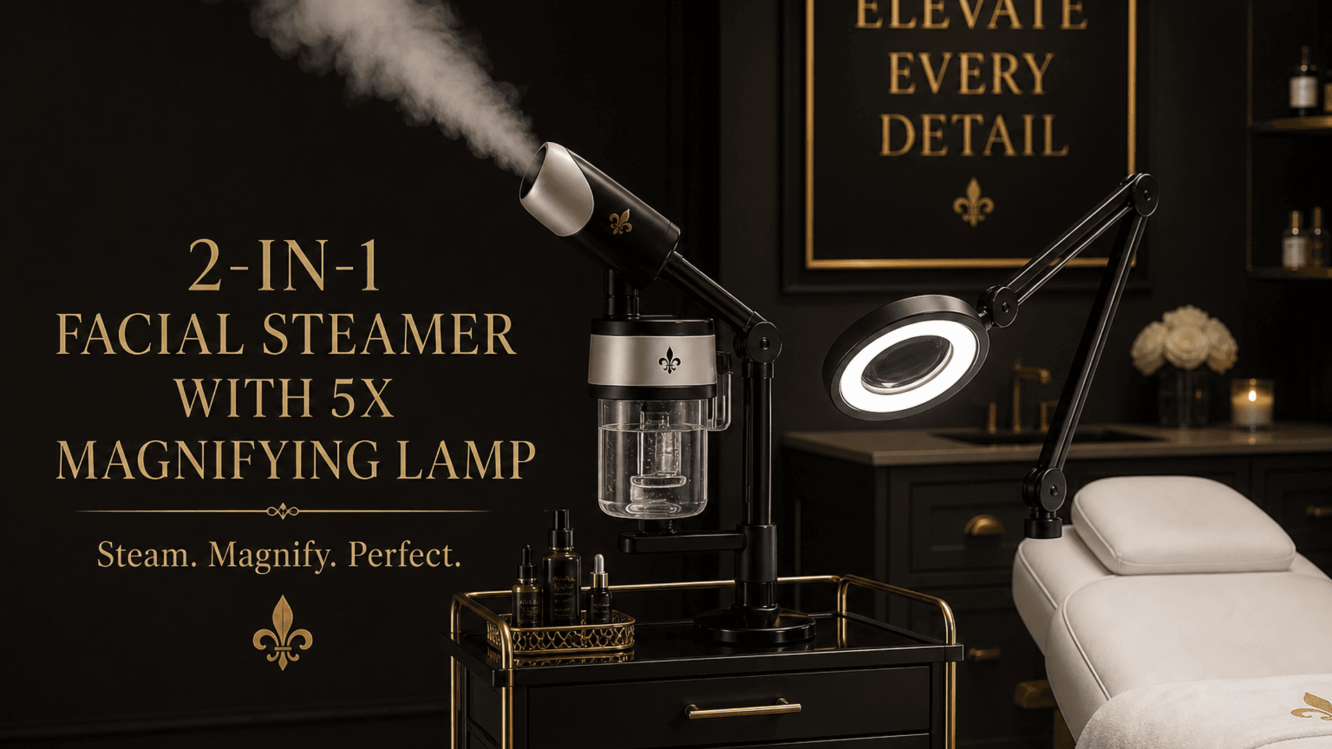 2-in-1 facial steamer with 5x magnifying lamp on a black-and-gold rolling stand — Lou Essentials