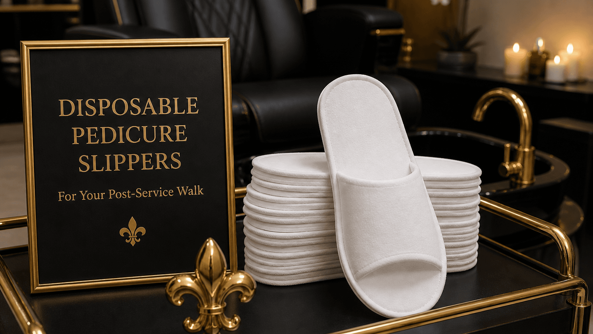 White EVA disposable pedicure slippers stacked on a black-and-gold trolley — Lou Essentials