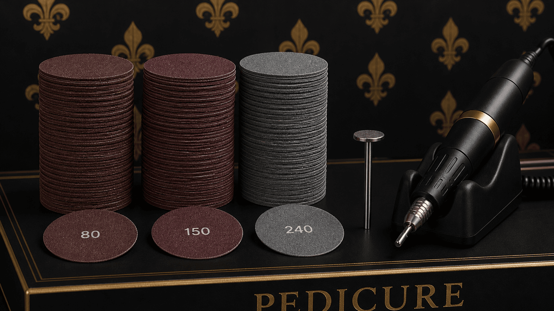 Stacks of 80, 150, and 240 grit 25mm sandpaper discs with a metal mandrel on a pedicure station — Lou Essentials
