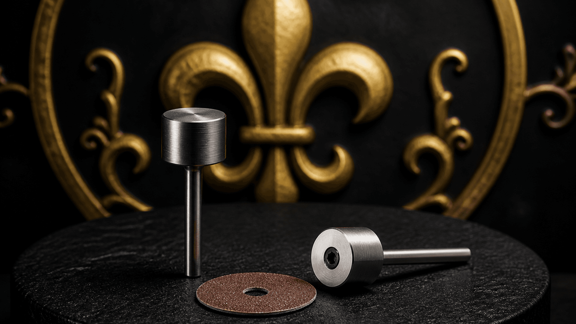 Two 25mm metal e-file mandrel bits and a sandpaper disc on a dark salon surface — Lou Essentials