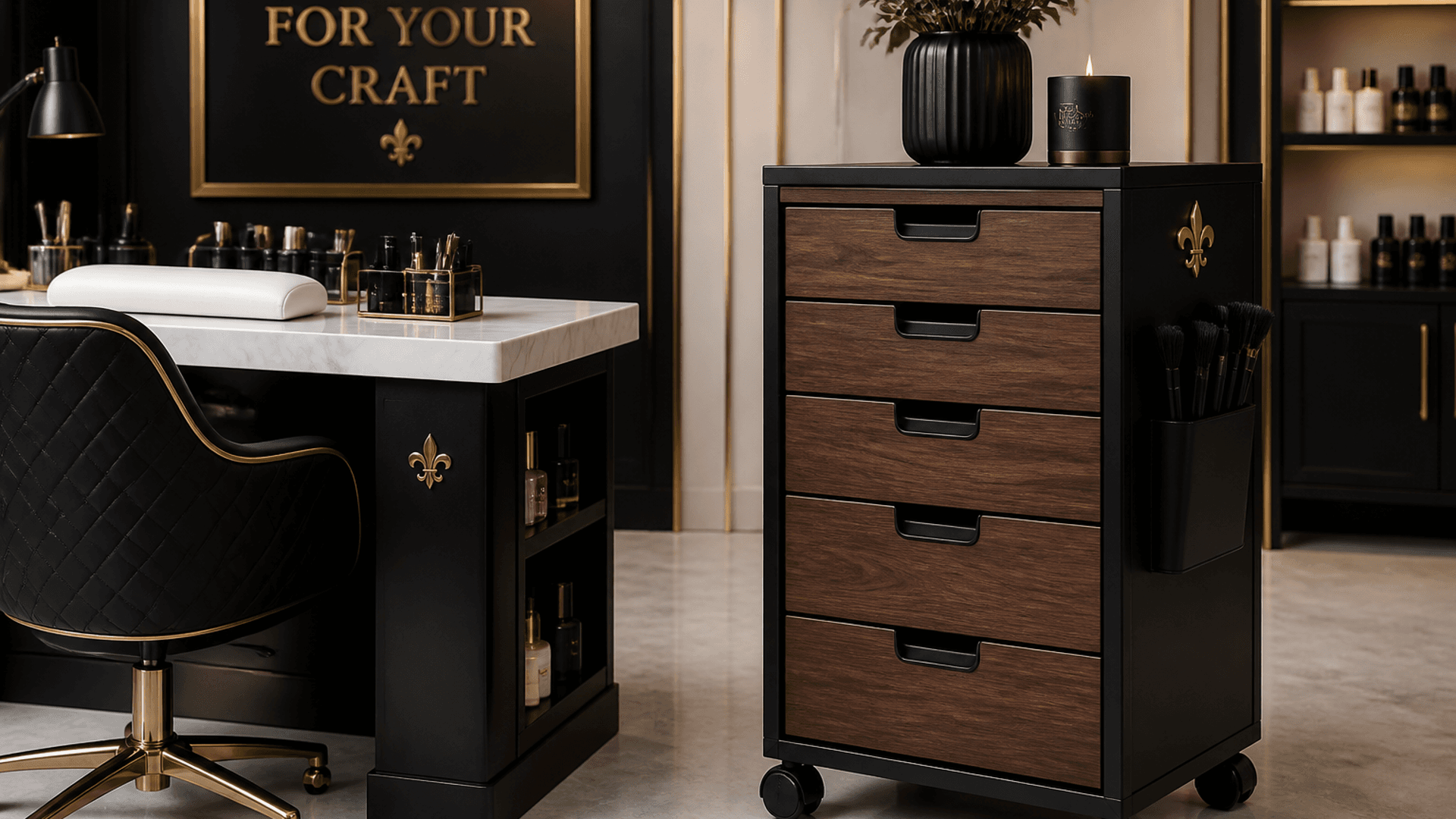 Wood-grain 5-drawer rolling chest beside a marble manicure desk — Lou Essentials