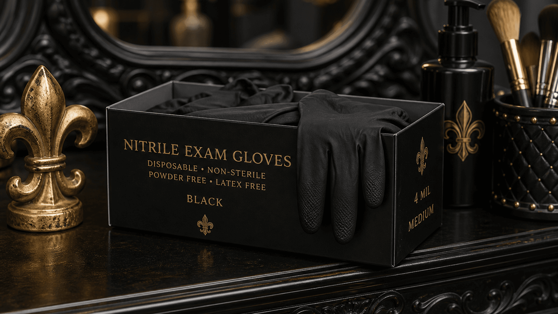 Open box of 4-mil black nitrile exam gloves on a salon vanity — Lou Essentials
