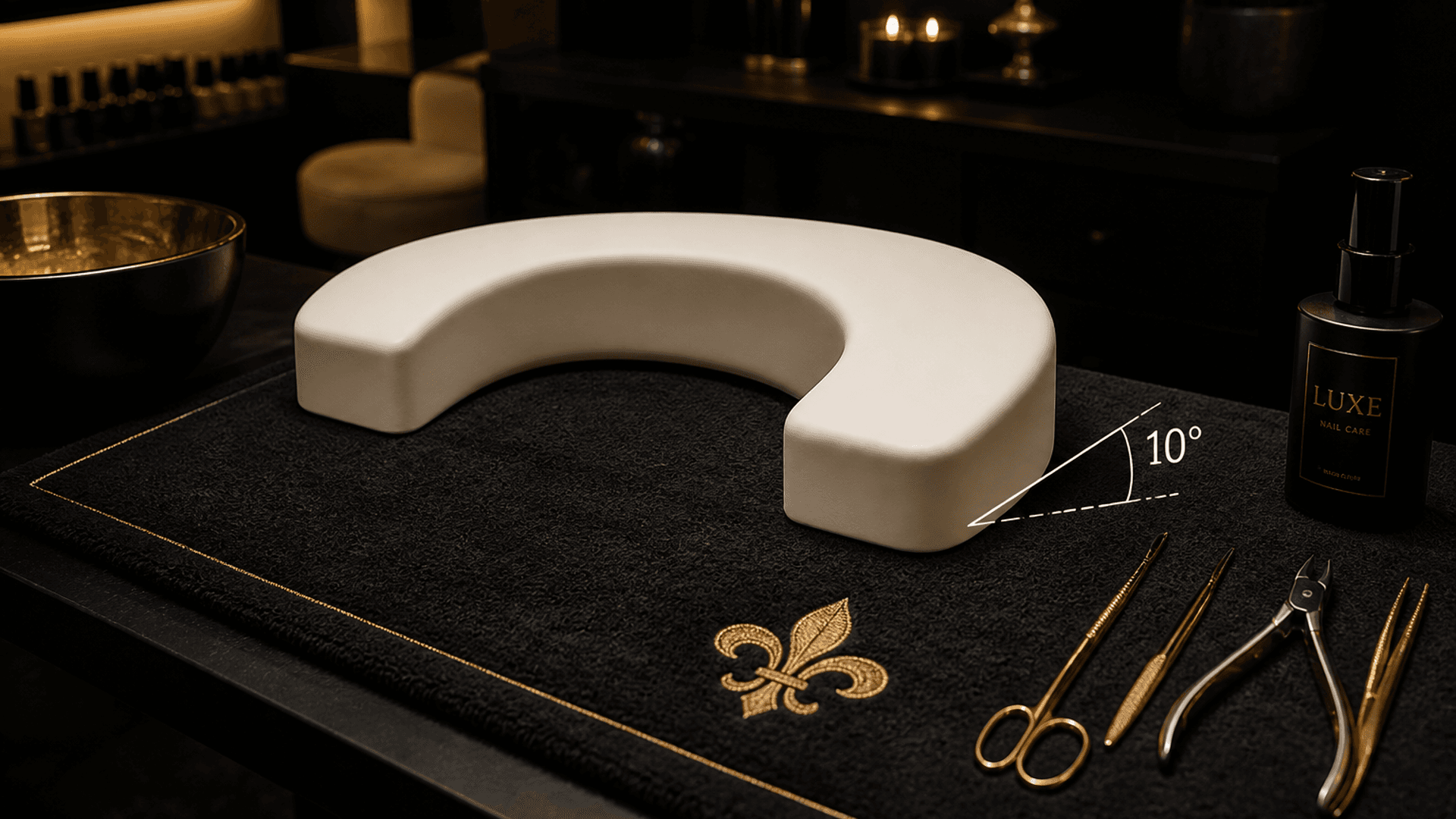 U-shaped cream manicure arm rest showing a 10-degree incline — Lou Essentials