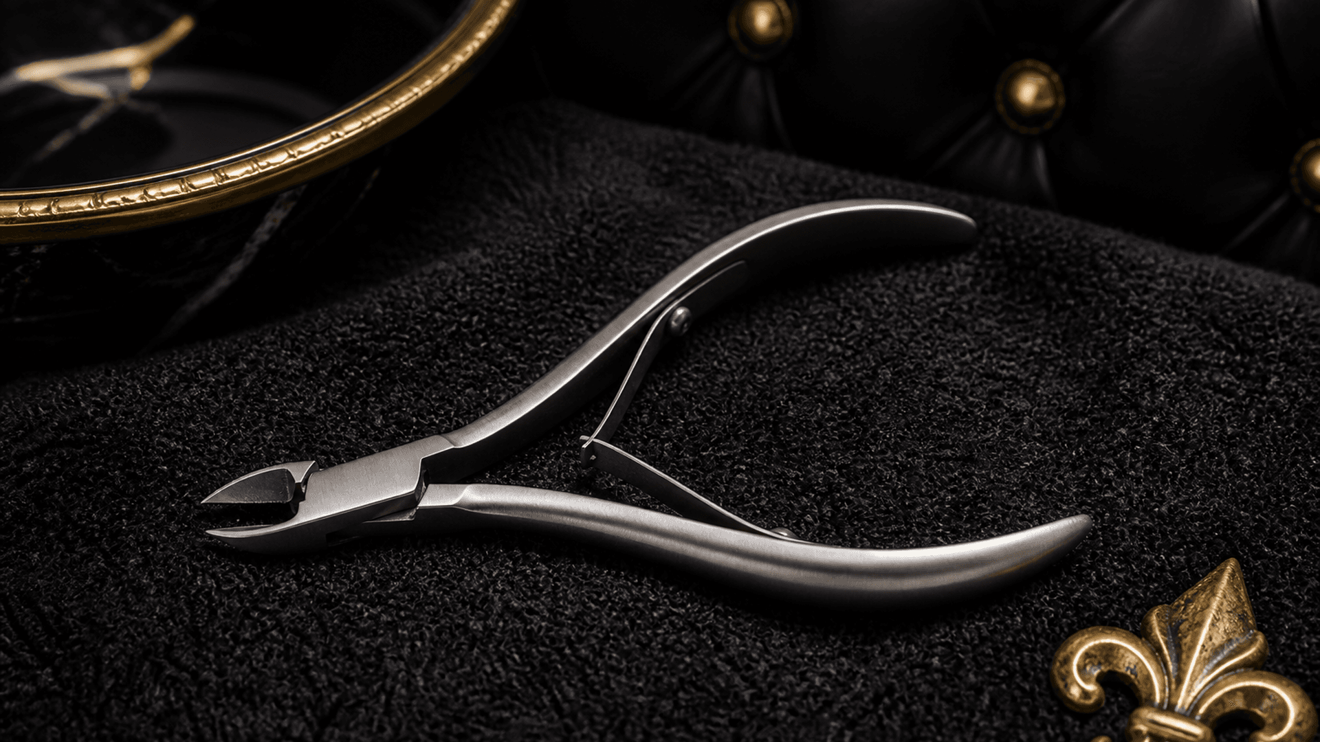 Stainless ingrown-toenail nippers on a black towel at a gold-accented pedicure station — Lou Essentials