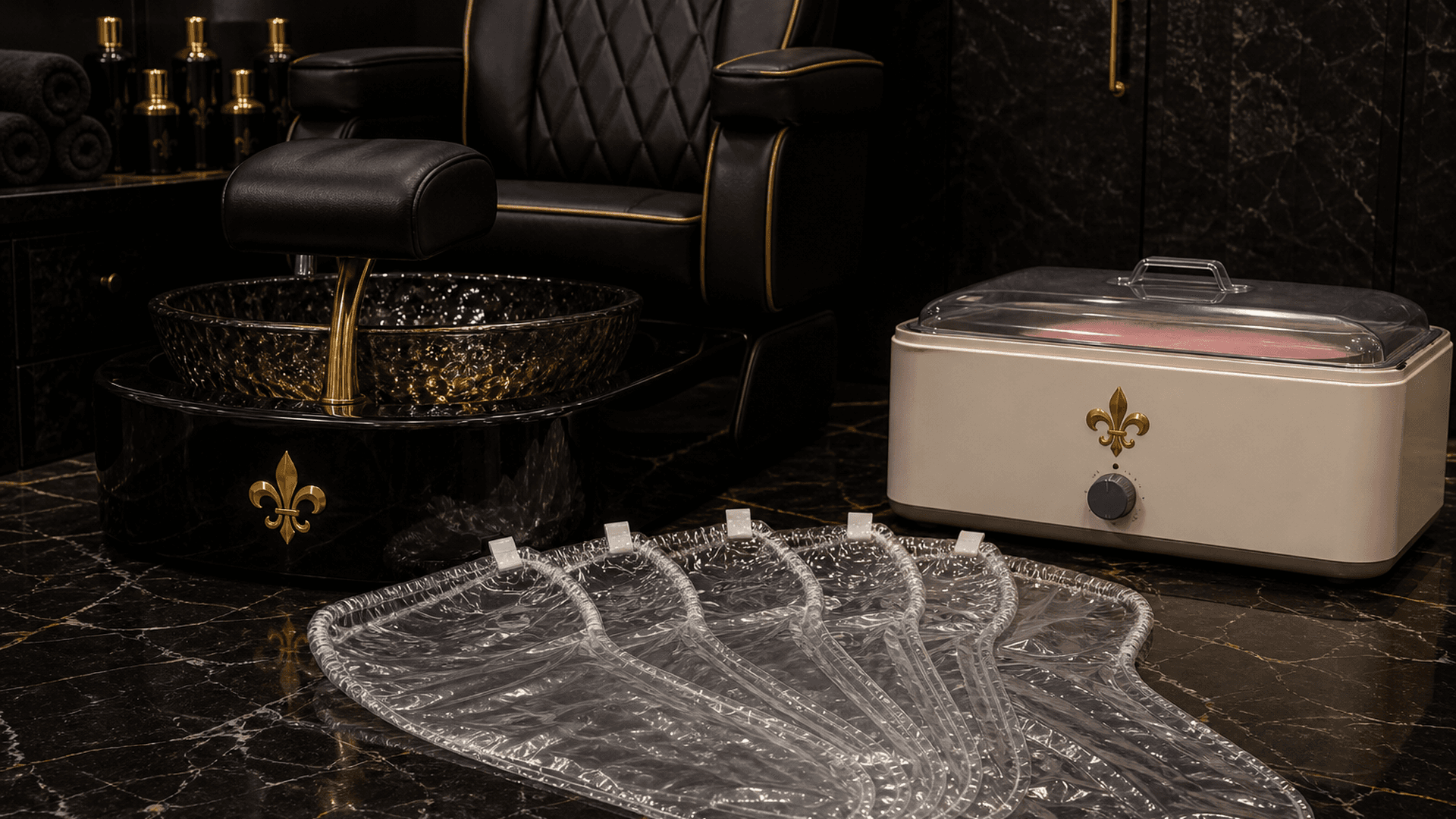 Bulk pack of reinforced PE foot covers and stickers on a pedicure trolley — Lou Essentials