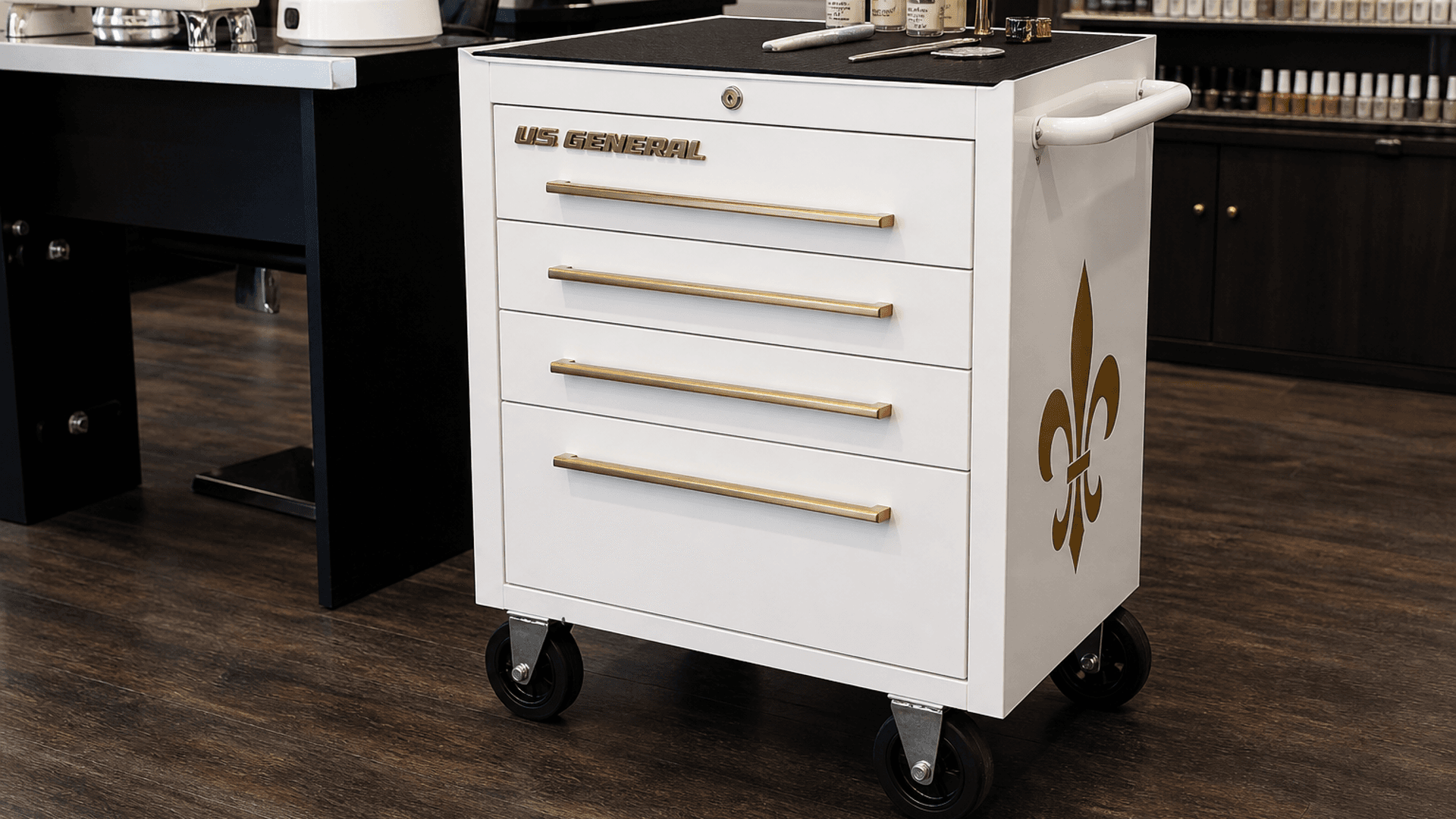 White US General 5-drawer steel mechanic's cart in a black-and-gold salon — Lou Essentials