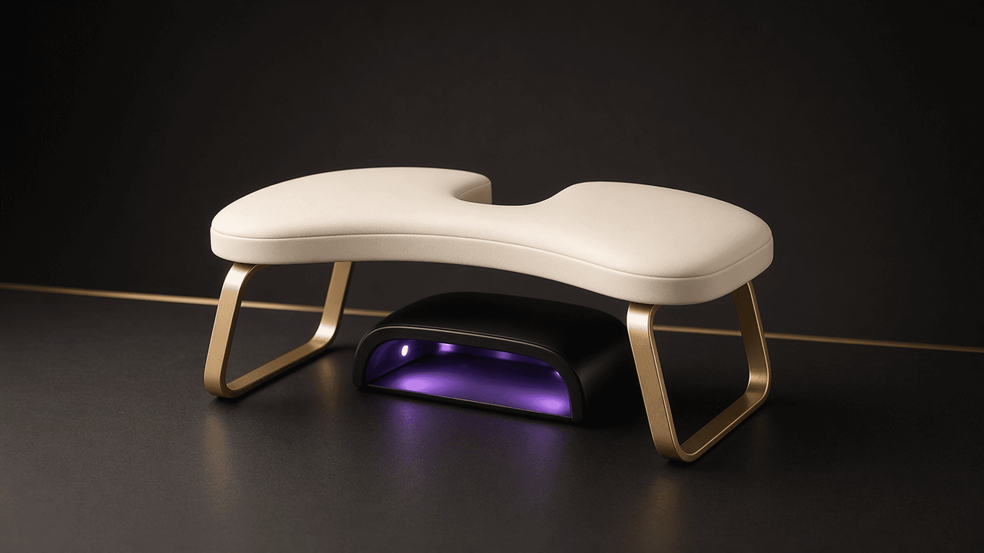 Cream U-shaped arm rest on gold legs over a black UV nail lamp glowing purple, on a charcoal surface with a gold line — Lou Essentials